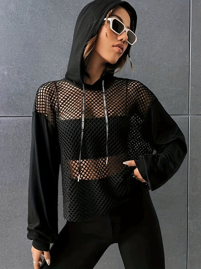 T-shirt à manches longues à capuche en maille Y2K – Haut de rue transparent contrastant pour femme