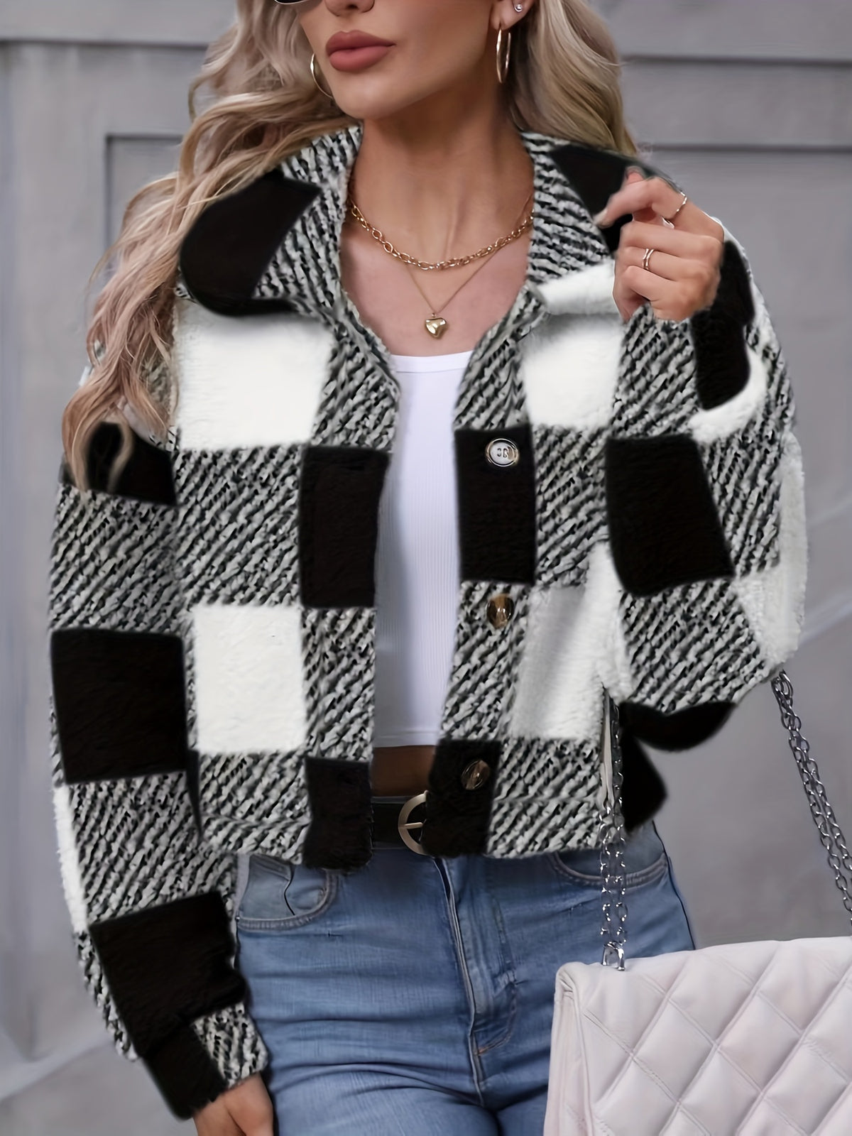 Manteau en peluche à carreaux pour femme – Vêtement d'extérieur chaud à carreaux pour l'automne/hiver avec boutons