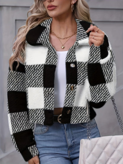 Manteau en peluche à carreaux pour femme – Vêtement d'extérieur chaud à carreaux pour l'automne/hiver avec boutons