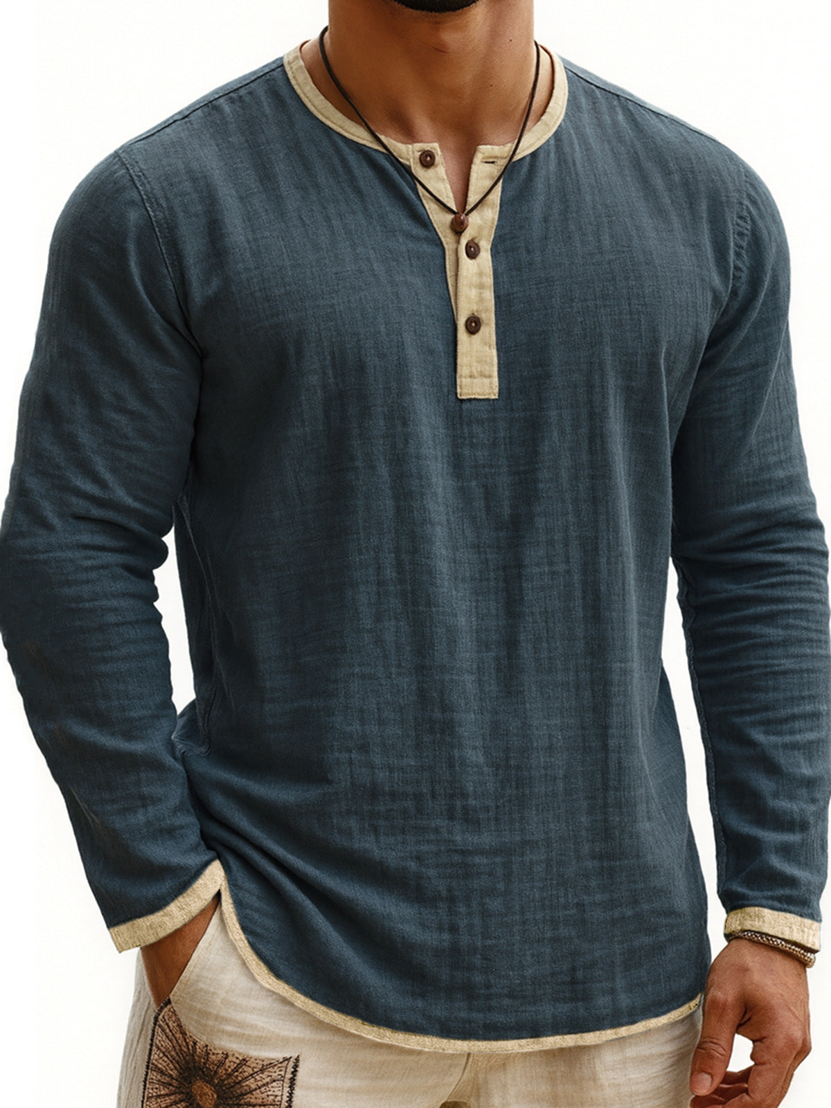 Chemise Henley Homme à Manches Longues Slim Fit à 3 Boutons et Imprimé Numérique Bicolore