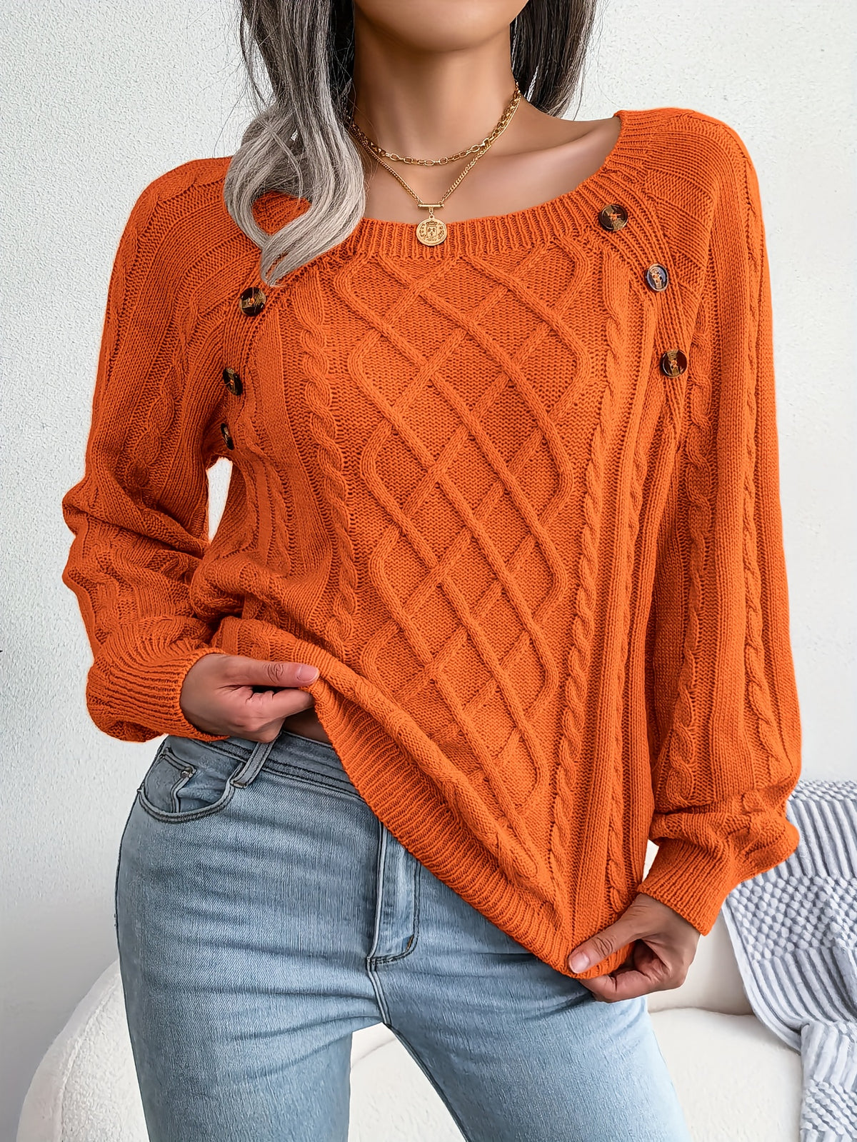 Pull texturé à manches lanternes pour femme – Haut en maille à boutons