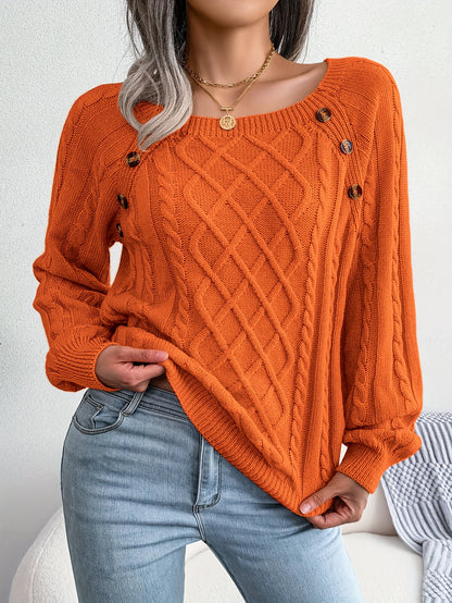 Pull texturé à manches lanternes pour femme – Haut en maille à boutons