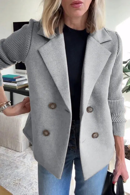 Women’s Double-Breasted Lapel Jacket – Knit Sleeve Spliced Coat