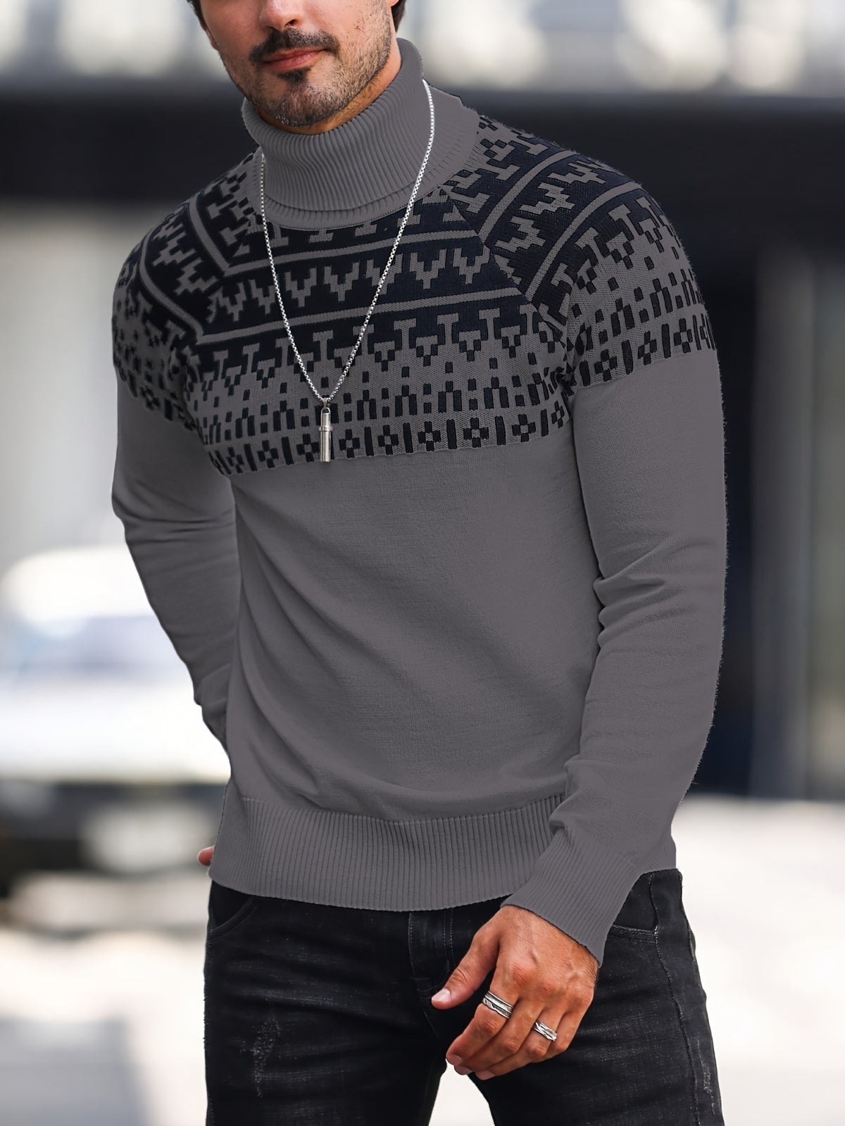 Men’s Geometric Turtleneck Sweater – Casual Knit Pullover for Fall & Winter