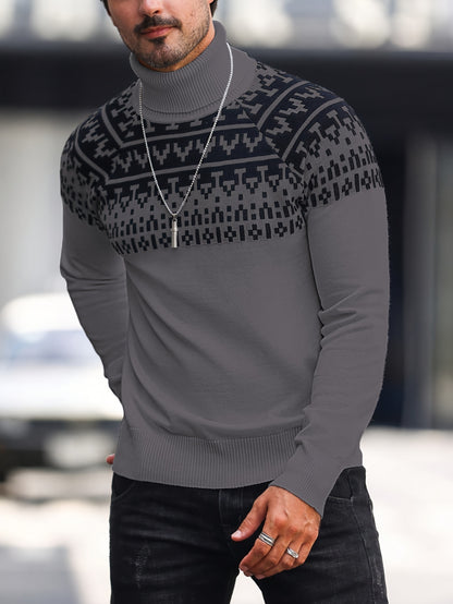 Men’s Geometric Turtleneck Sweater – Casual Knit Pullover for Fall & Winter