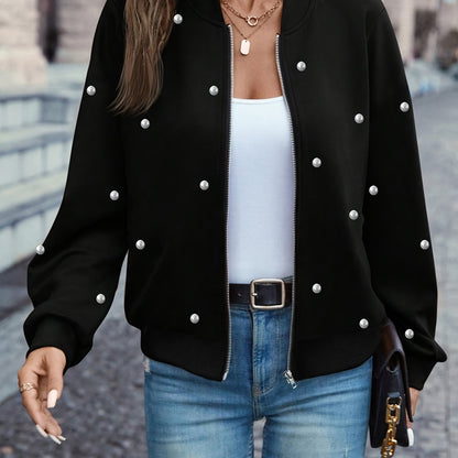 Veste de baseball ornée de perles – Vêtement d'extérieur élégant boutonné pour femme