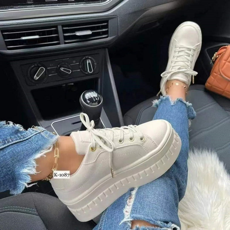 Baskets compensées pour femme – Chaussures décontractées légères à lacets à semelle épaisse
