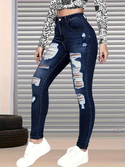 Women’s High-Waisted Ripped Jeans – Slim Fit 9/10 Length Denim