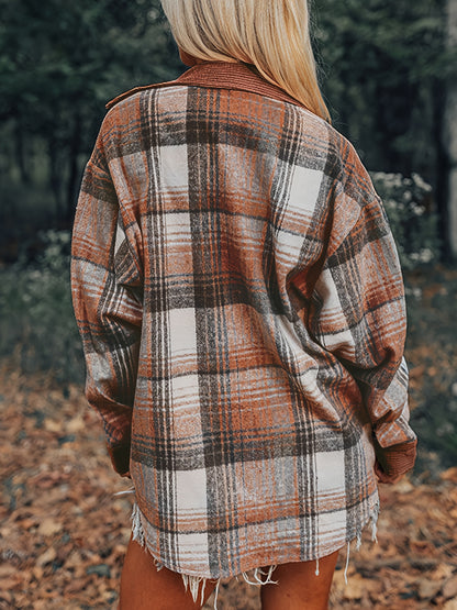 Shacket à carreaux pour femme – Col à revers, boutonnée, épaules tombantes, automne/printemps