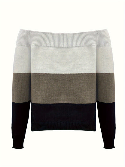 Women’s Off-Shoulder Color Block Sweater – Chic Fall Knit Pullover