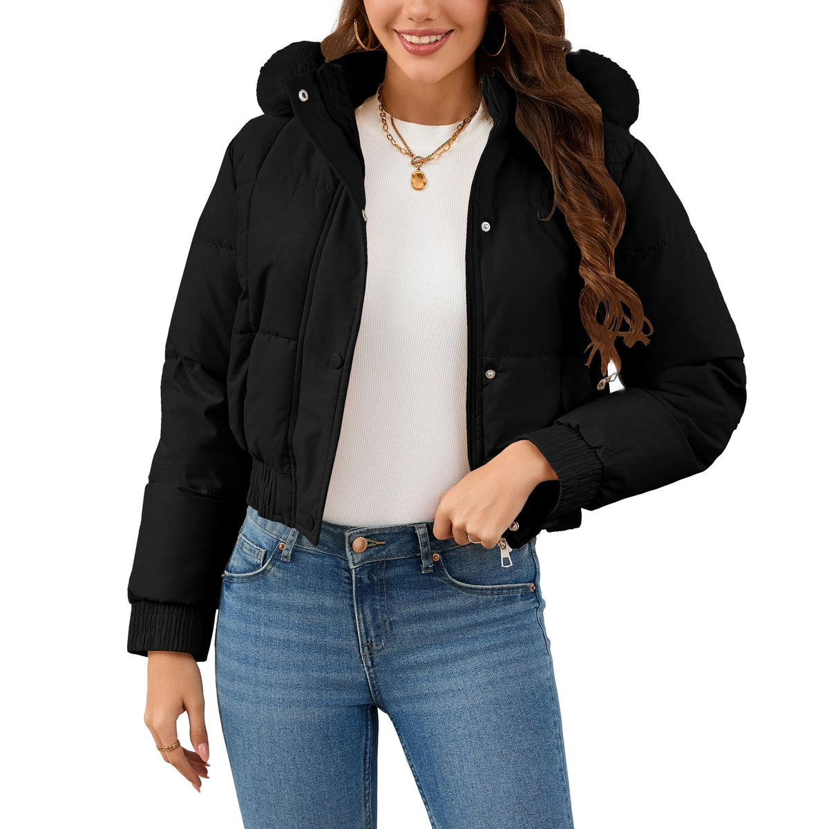 Loom & Soul™ Women’s Cotton-Padded Winter Jacket – Elegant Thick Warm Coat in Khaki, Black, or White