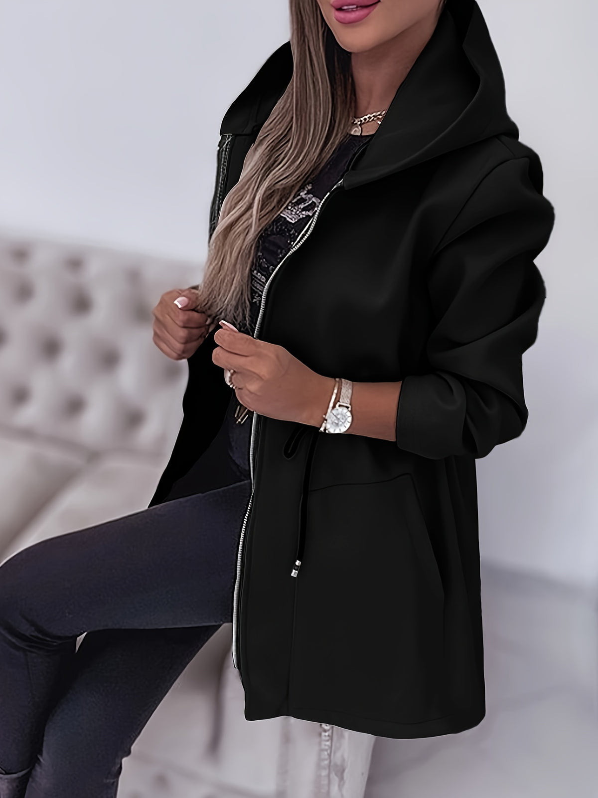 Women’s Solid Hooded Jacket – Machine-Washable Polyester Fall/Winter Coat