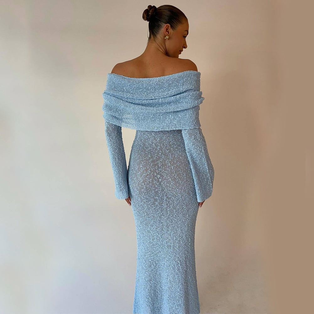 Robe longue en maille à une épaule – Robe de plage élégante à manches longues