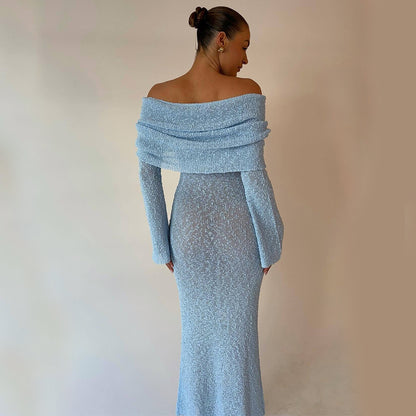 Robe longue en maille à une épaule – Robe de plage élégante à manches longues