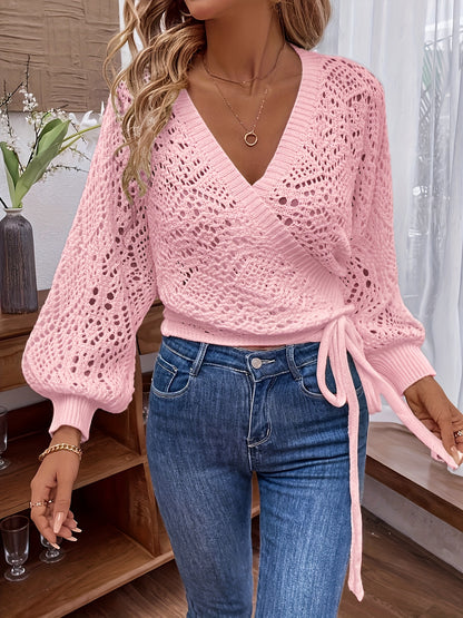 Elegant V-Neck Lantern Sleeve Sweater – Lightweight All-Season Pullover