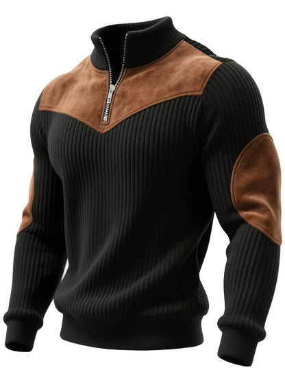 Pull Homme Demi-Zip Col Droit – Sweat Rétro Chaud et Côtelé
