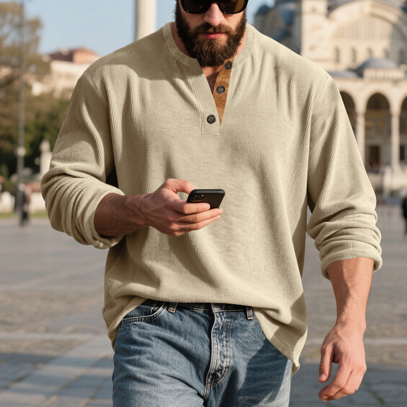 Men’s Retro Corduroy Henley Shirt – Long Sleeve Loose Fit