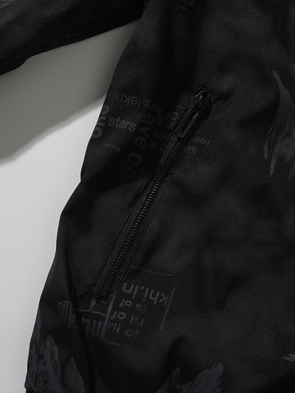 Men’s Feather Print Track Jacket – Zip-Up Baseball Collar Street Coat