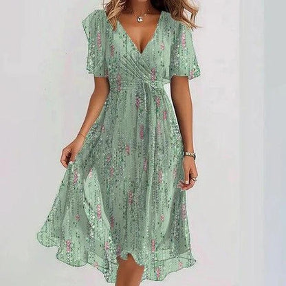 Loom & Soul™ Chiffon Floral Dress – Women’s Elegant V-Neck Short Sleeve Summer Midi Dress