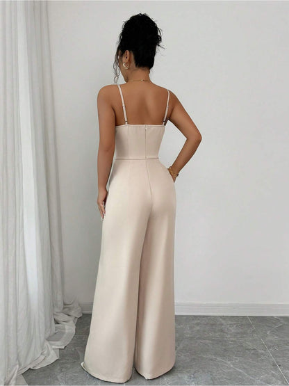 Combinaison salopette minimaliste à col en V – Élégante pantalon palazzo à jambes larges