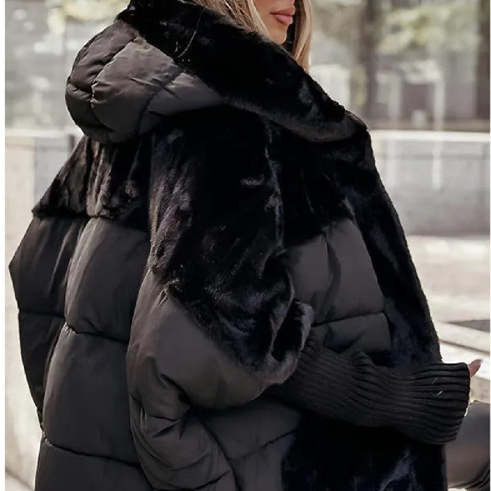Loom & Soul™ Faux Fur Patchwork Hooded Coat – Women’s Loose Cotton Winter Jacket for Chic Comfort & Warmth