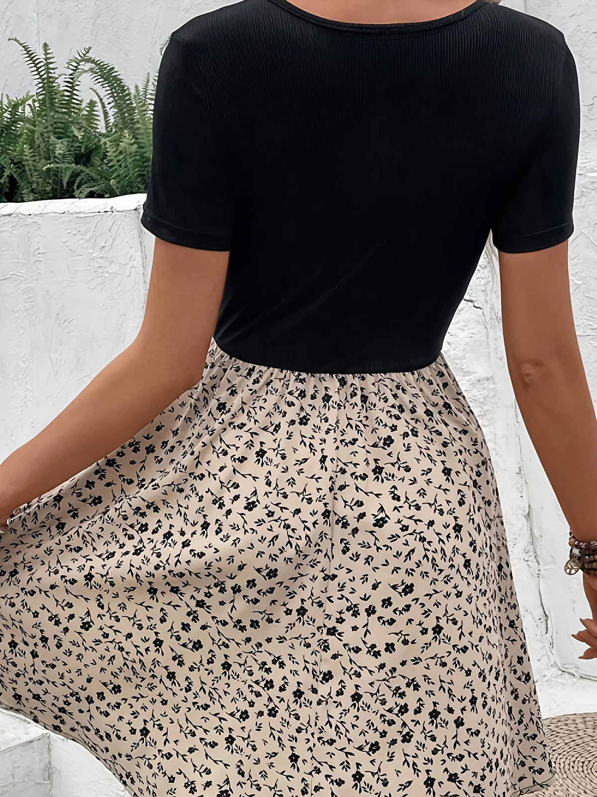 Floral High Neck Mesh Panel Dress – Elegant Fit & Flare Everyday Dress
