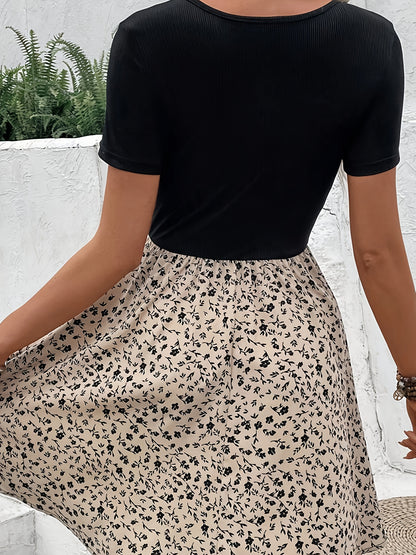 Floral High Neck Mesh Panel Dress – Elegant Fit & Flare Everyday Dress