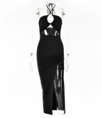 Vestido maxi dividido con cordones y cuello halter – Vestido de fiesta de verano Y2K sin espalda