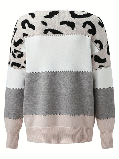 Pull ras du cou en tricot à patchwork léopard pour femme – Rose et blanc