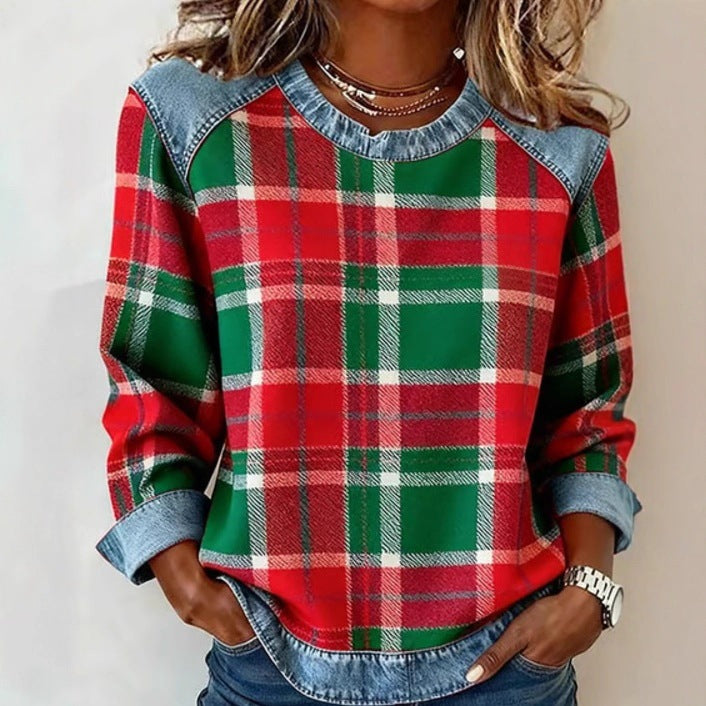 Sweat-shirt en jean patchwork pour femme – Pull ras-du-cou à motif floral