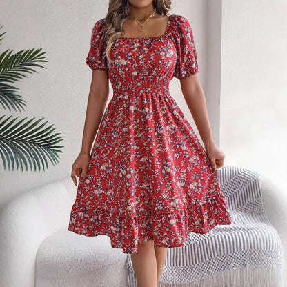 Loom & Soul™ Floral Ruffle Dress – Square Neck Summer Short Sleeve Dress for Women