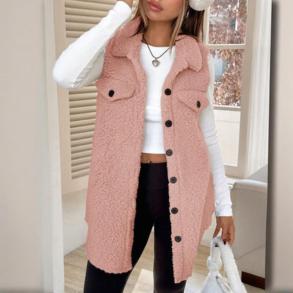 Women’s Wool-Like Sleeveless Vest – Lapel Button Mid-Length Waistcoat
