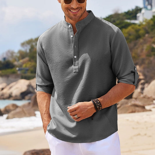 Men’s Stand Collar Long Sleeve Shirt – Loose Fit Casual Pullover
