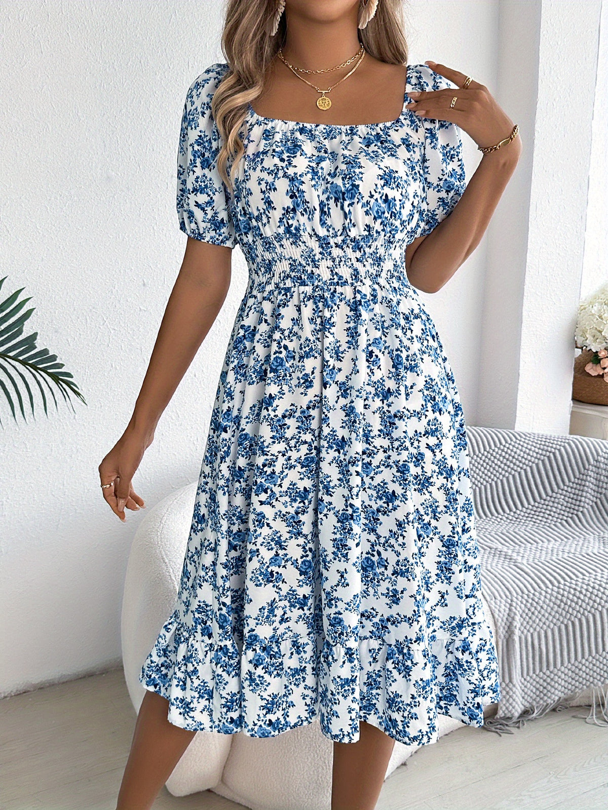 Robe trapèze à manches bouffantes et encolure carrée – Robe élégante à fleurs pour le printemps et l'été