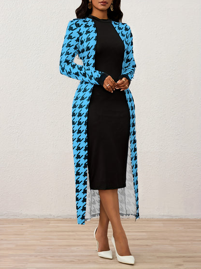 Robe moulante à col montant en pied-de-poule – Robe élégante à manches longues en tricot