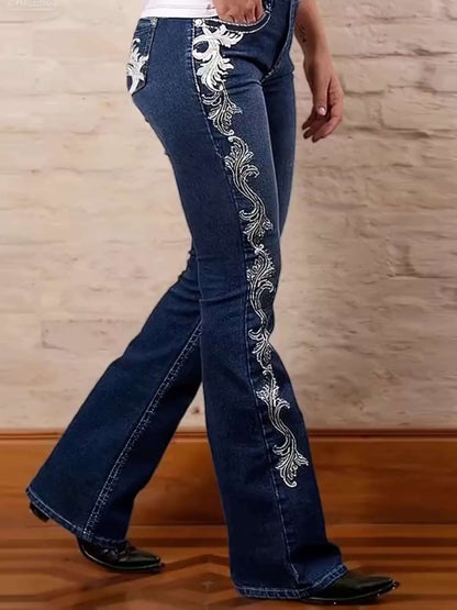 Vaqueros Flare para Mujer – Acampanados Azul Oscuro con Diseño Estampado Lateral