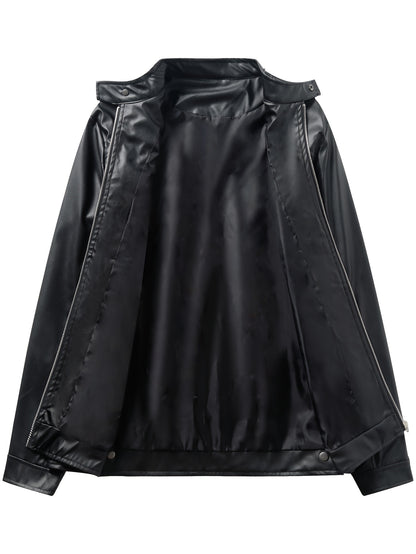 Men’s Windproof PU Jacket – Stand Collar Motorcycle Street Coat