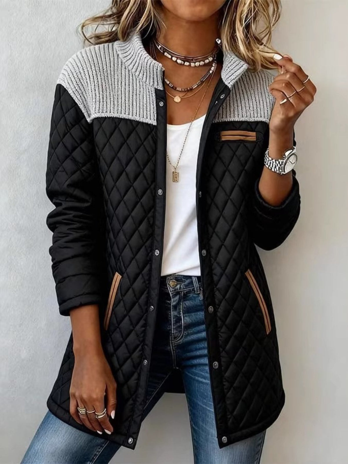 Veste en maille patchwork pour femme avec poches – Coupe longue élégante