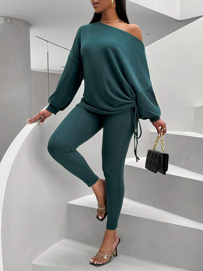 Ensemble 2 pièces pour femme - Haut asymétrique à manches lanterne et leggings moulants