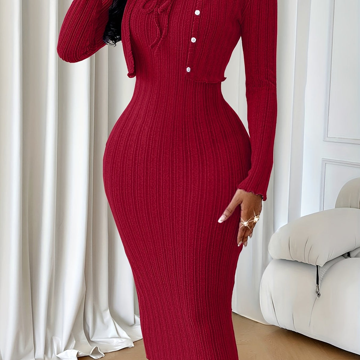 Women’s Two-Piece Bow-Tie Dress Set – Textured Dress & Short Jacket