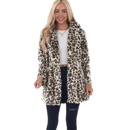 Veste mi-longue léopard en peluche pour femme – Manteau ample affirmé