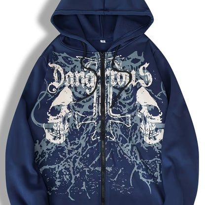 Veste à capuche pour hommes avec imprimé tête de mort – Sweat à capuche zippé décontracté automne/hiver