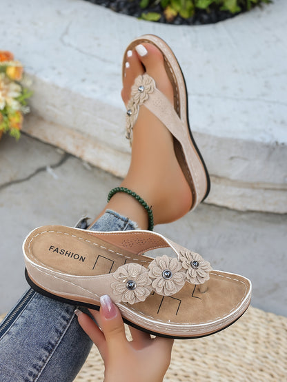 Floral Wedge Flip Flop Sandals – Elegant Platform Summer Shoes