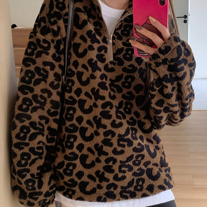 Sweat à Capuche Élégnant en Peluche Imprimé Léopard – Veste Doublée Polaire Douce à Fermeture Éclair