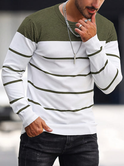 Men’s Navy Striped Knit Sweater – Casual Crew Neck Pullover