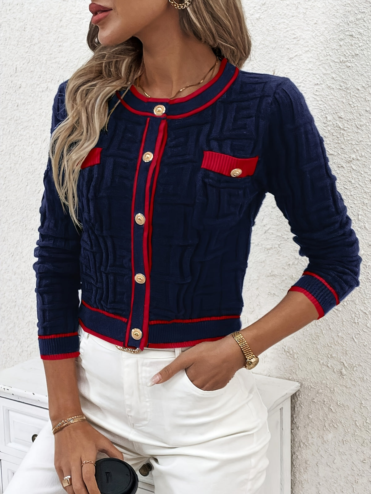 Cardigan rayé coupe ajustée – Pull élégant en maille très extensible pour le printemps et l'automne