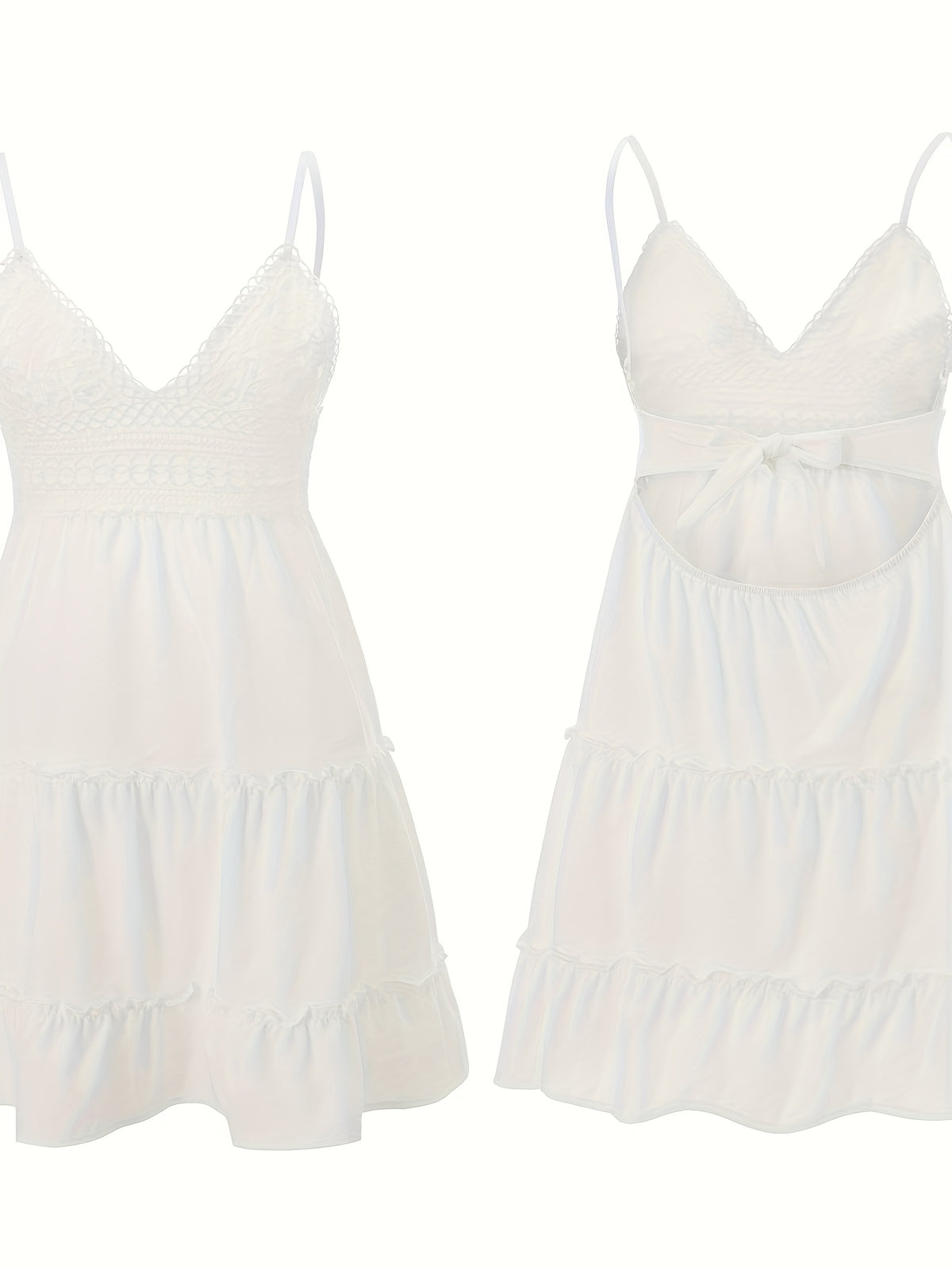 Robe courte blanche en dentelle à fines bretelles – Mini-robe élégante avec nœud au dos