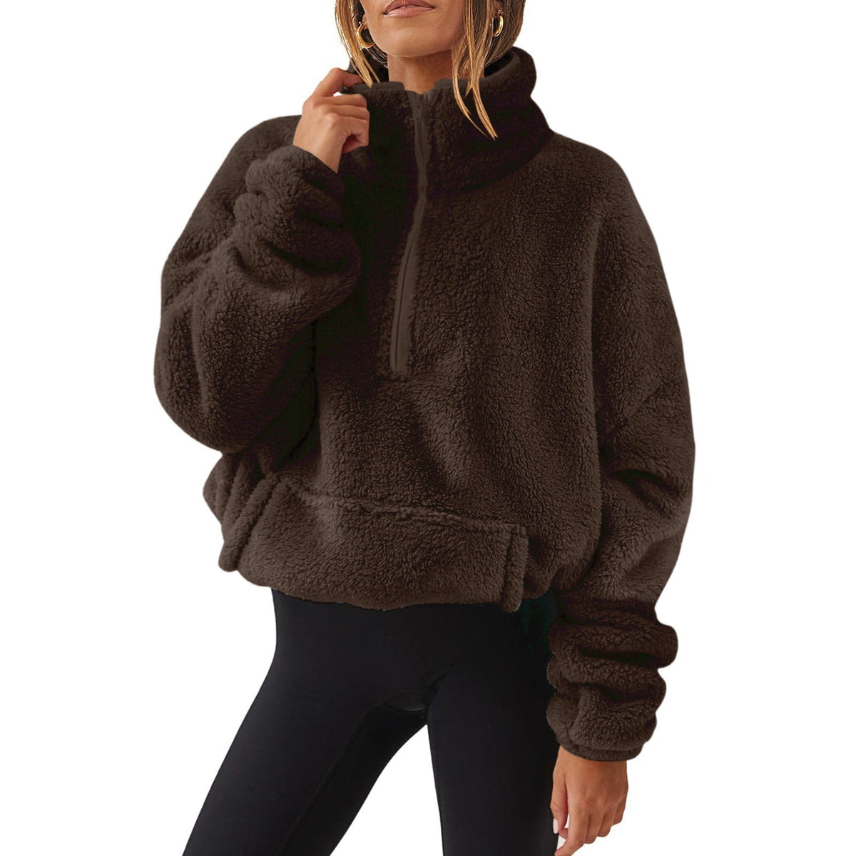 Pull en velours polaire demi-zip pour femme – Col montant, chandail d'hiver