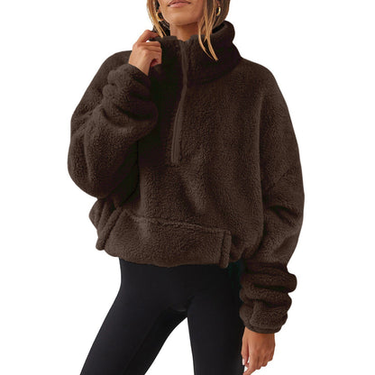 Pull en velours polaire demi-zip pour femme – Col montant, chandail d'hiver