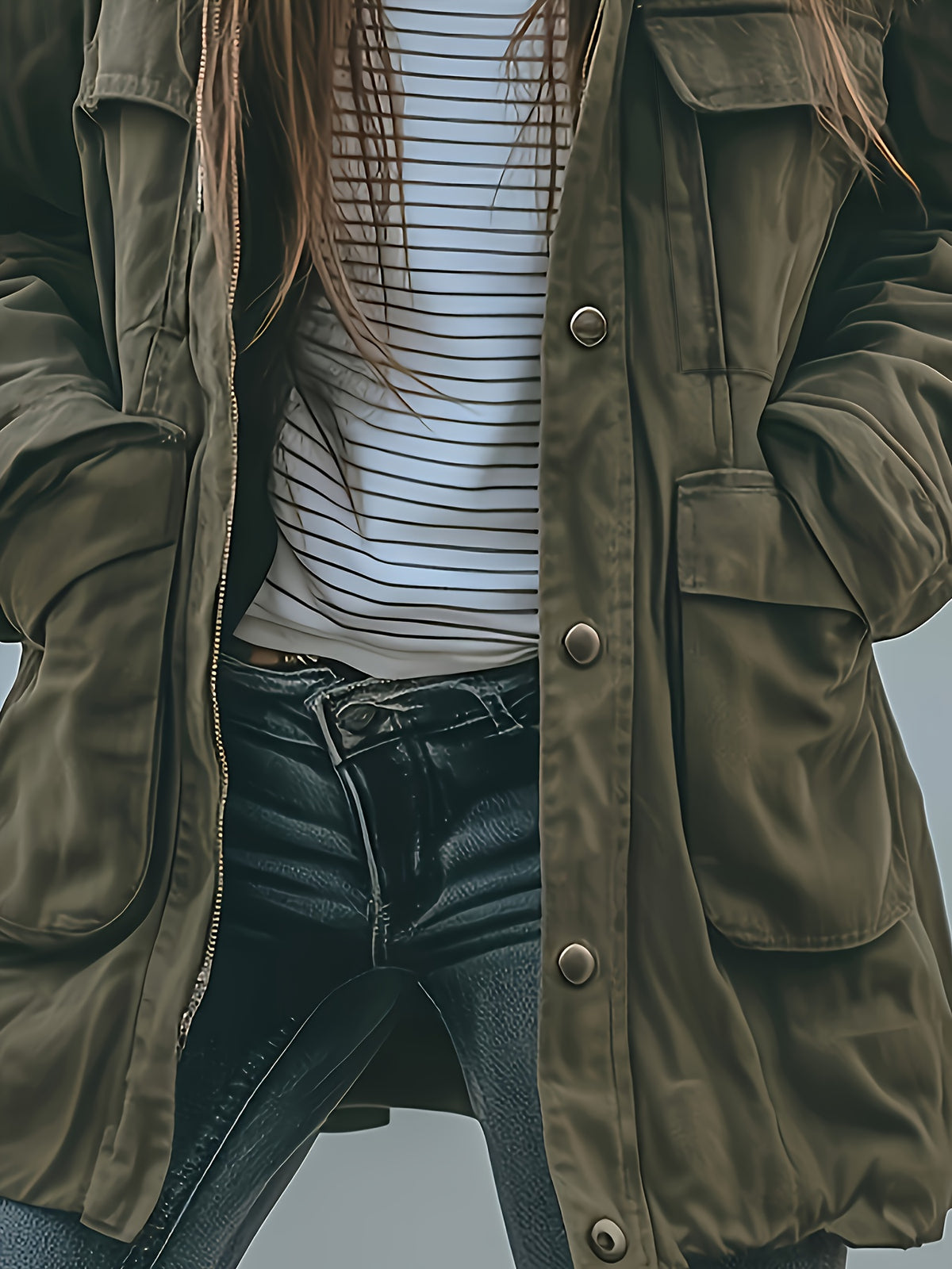 Veste à capuche robuste pour femme, vert olive – Manteau de travail épais toutes saisons